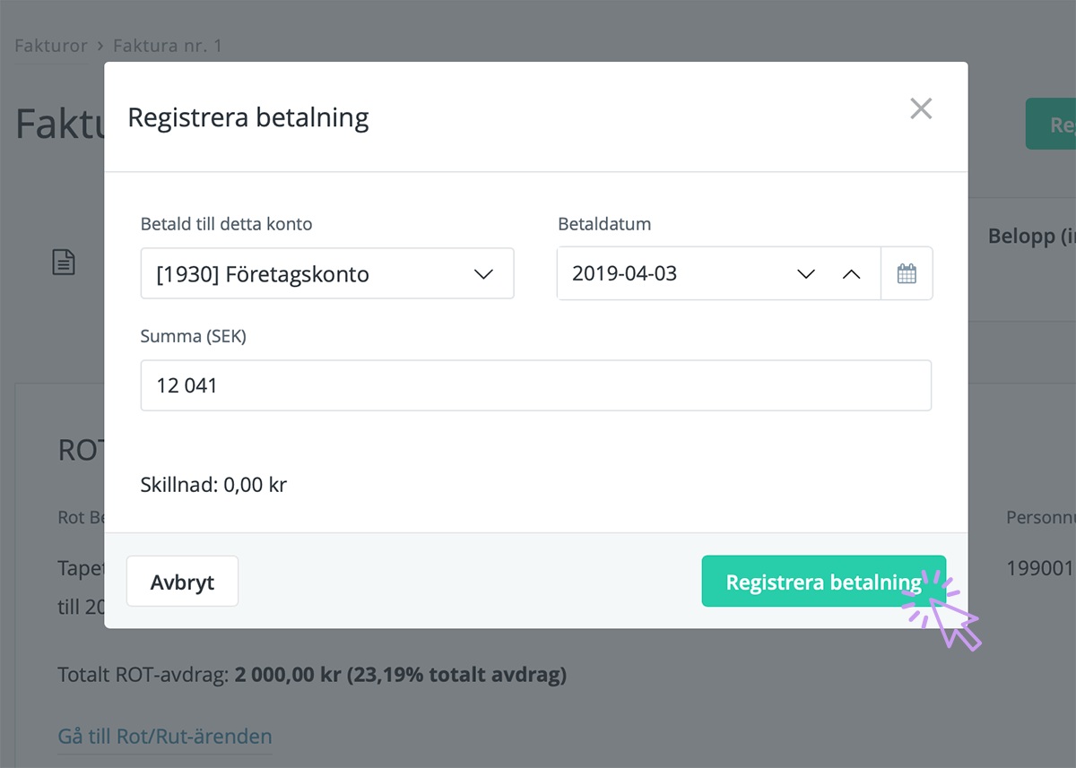Registrera Betalning Och Bokför Faktura Med Rot- Eller Rutavdrag | Bokio