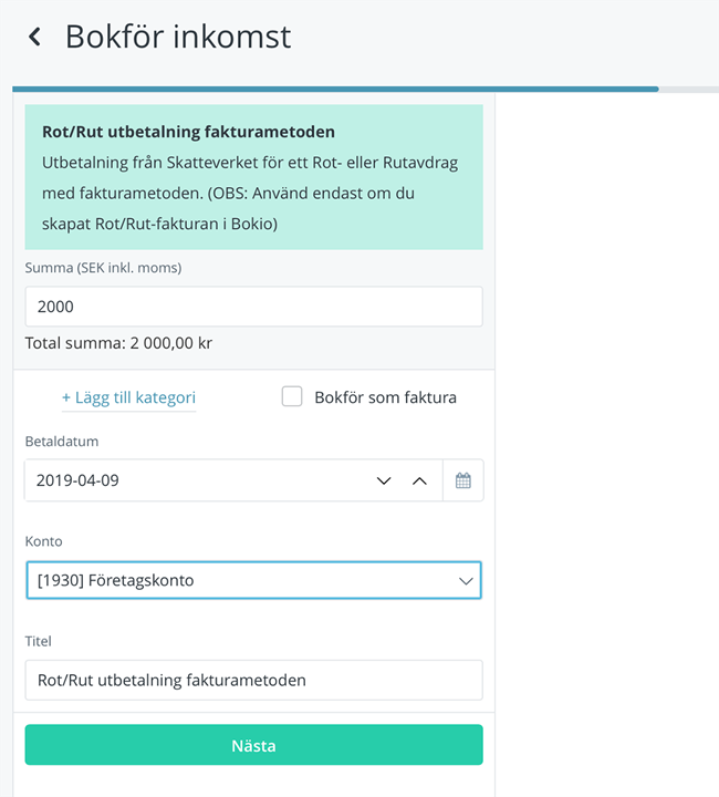 Bokför rot/rut utbetalning från Skatteverket Bokio