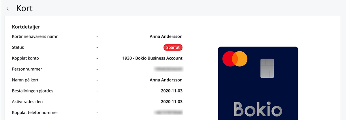 Bokio Företagskonto betalkort  Bokio